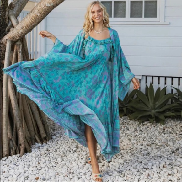 Blue Boho Kimono Floral Gypsy Print Maxi CoverUp - Picture 4 of 11